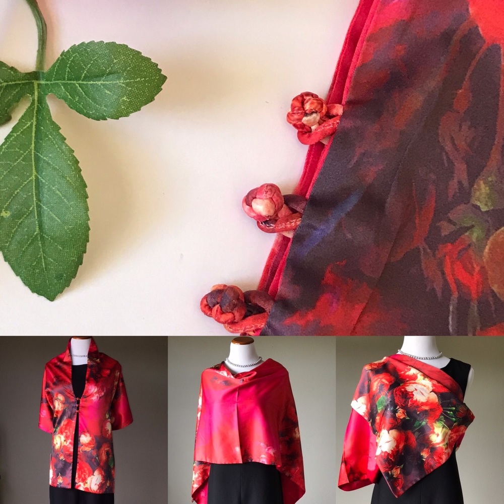 Red flower Buttoned silk scarf shawl wrap kimono